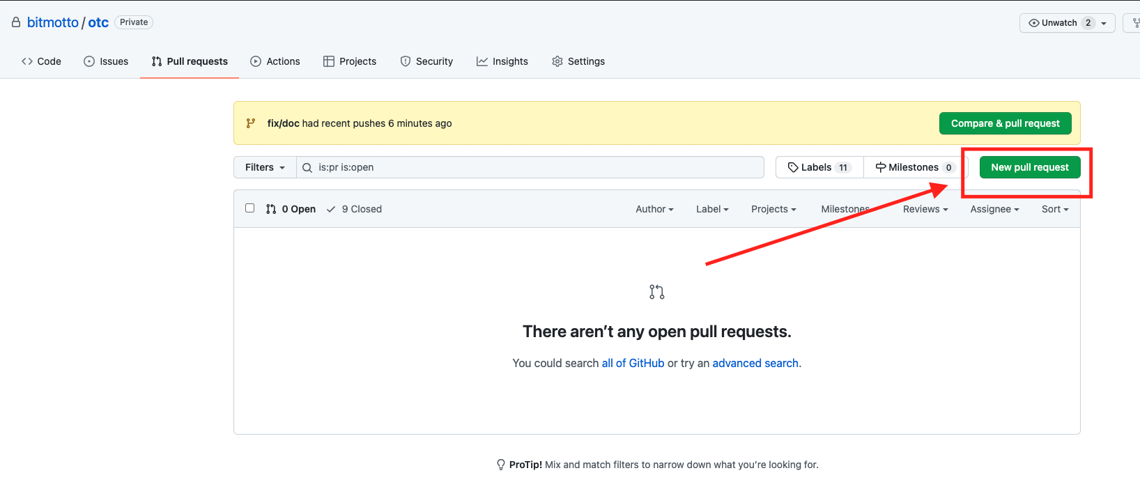Botón New pull request