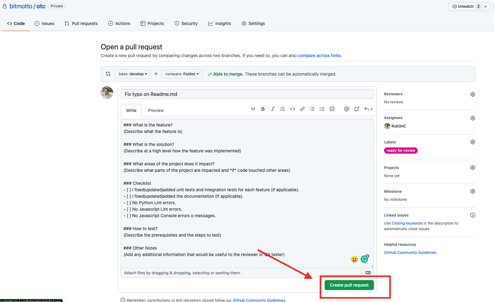 Botón Create pull request
