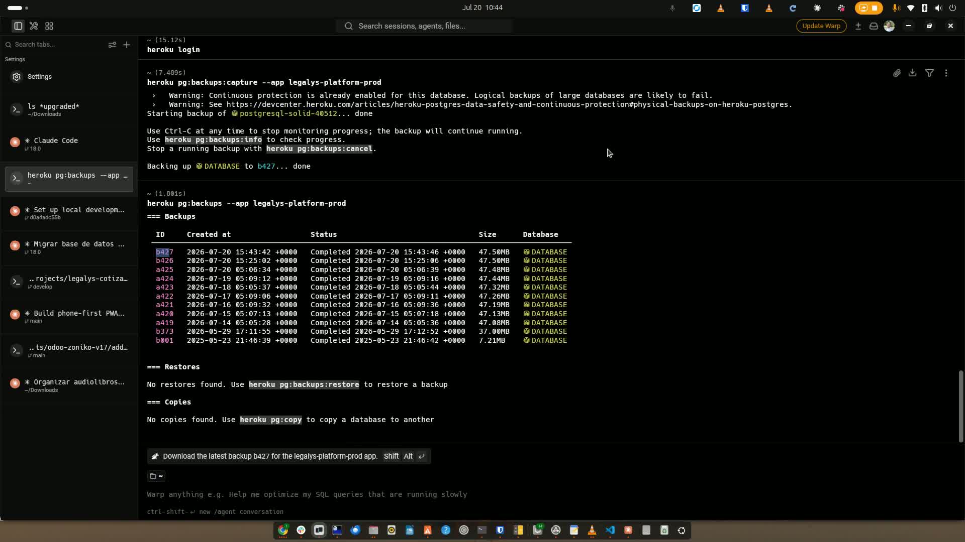 URL del backup